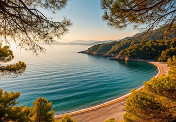 Mediterranean beach Landscape. Impressive  view of a Mediterranean beach with calm blue water during the sunset. The shore is surrounded by a pine tree forest. The image conveys a calm and peace