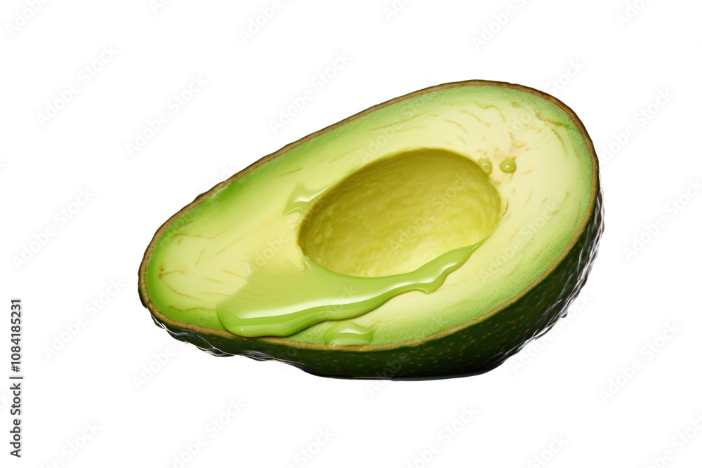 Poster an avocado half with the pit intact, captured in a dynamic falling position, emphasizing the natural
