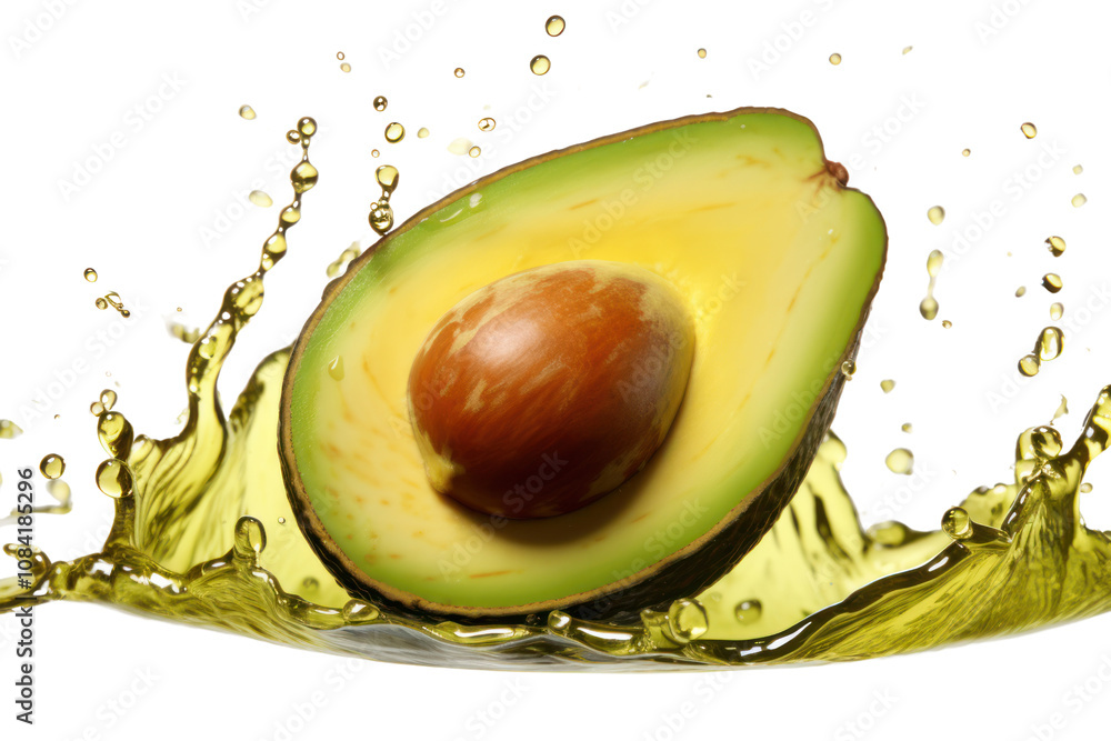 Poster an avocado half with the pit intact, captured in a dynamic falling position, emphasizing the natural