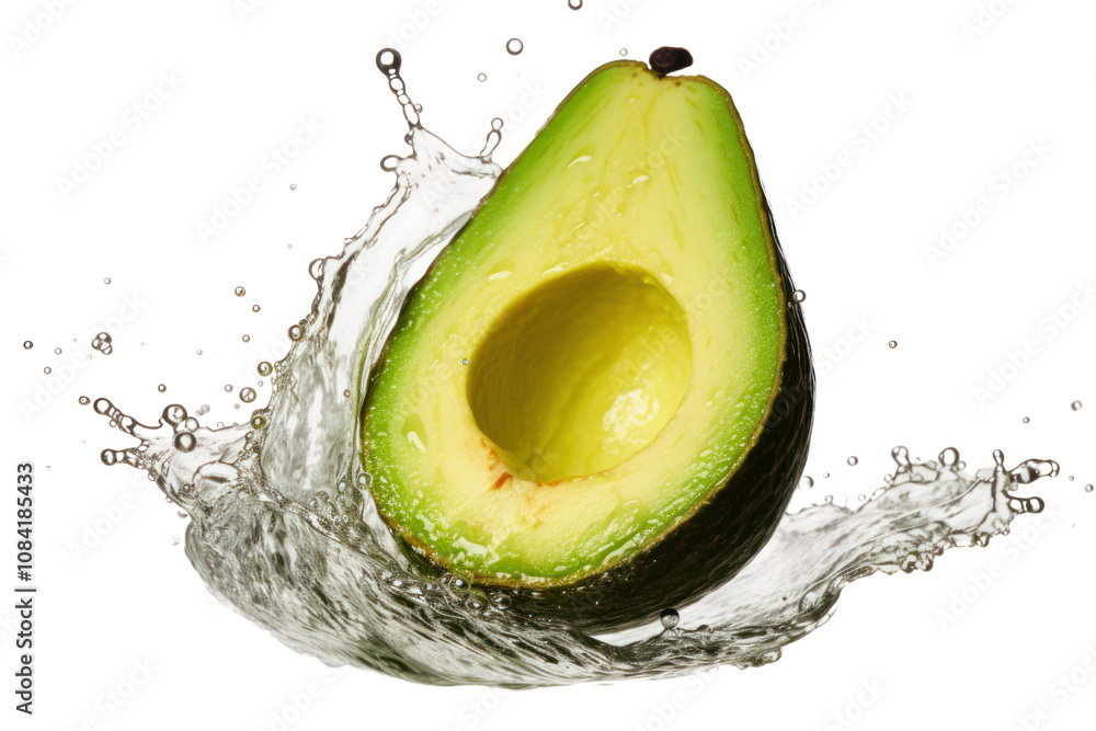 Poster an avocado half with the pit intact, captured in a dynamic falling position, emphasizing the natural