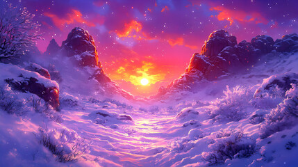 Fototapeta premium Digital Painting of a Snow-Covered Mountain Valley at Sunset, with a Vibrant Purple and Pink Hue, Showing Falling Snow and a Path Leading Towards the Sun.