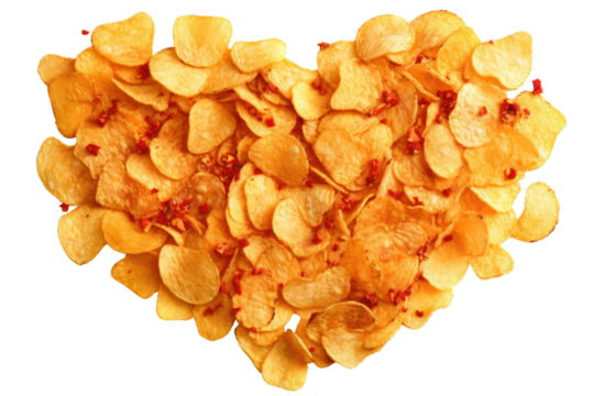 An artistic arrangement of potato chips shaped like hearts, perfect for a creative snack idea, surrounded b