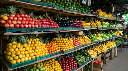 Obraz premium Vibrant Tropical Fruit Display at Open-Air Market: Colorful Stacks of Pineapples, Oranges, Limes, and More Await Customers, Arranged in Neat Rows on Wooden Shelves.