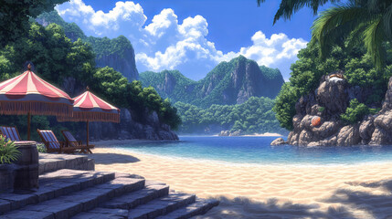 Fototapeta premium serene beach landscape with vibrant colors and lush mountains