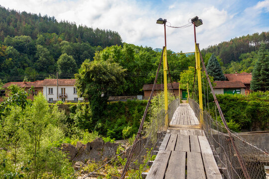 One of the two suspension footbridges over Vidima River in the Bulgarian Fore-Balkan village of Debnevo, Troyan Municipality