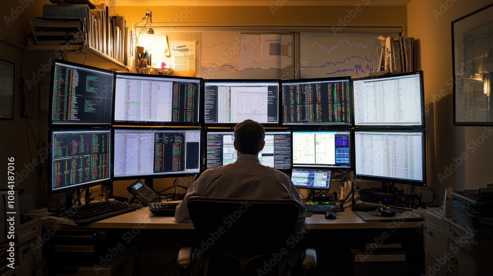 Poster Man Working in a Dimly Lit Office Surrounded by Multiple Monitors Displaying Data