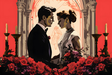 pop art style illustration of a couple marrying at the altar