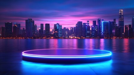 Fototapeta premium 3D rendering of a neon podium for product display against night cityscape background. Mock up podium for product presentation and business technology product background, wallpaper 