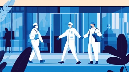 Obraz premium Medical workers in protective suits shake hands at the lab