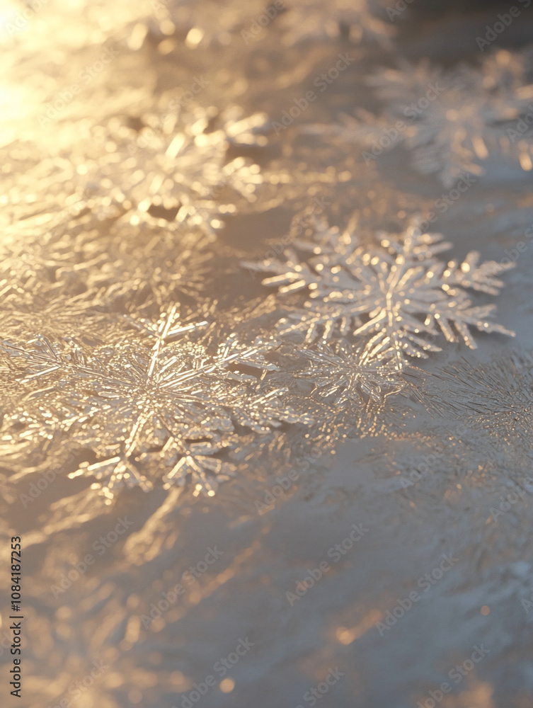 Poster close-up view of several detailed snowflakes on a frosty surface
