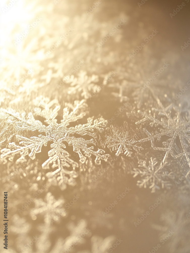 Poster close-up view of numerous snowflakes on a window, backlit by soft sunlight