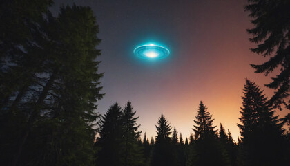 Mysterious UFO hovering above a forest silhouette at dusk