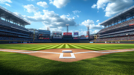 3D Render of a Full Baseball Stadium on a Sunny Day with Crowds, showcasing the field, stands, and scoreboards