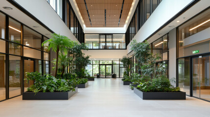 Fototapeta premium A modern indoor atrium featuring lush greenery and large glass windows, creating bright and inviting atmosphere. design emphasizes natural light and open space, enhancing serene environment