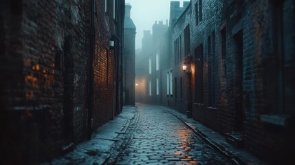 Fototapeta premium A narrow, cobblestone street in a historic city is shrouded in fog, with streetlamps casting a warm glow on the wet pavement.