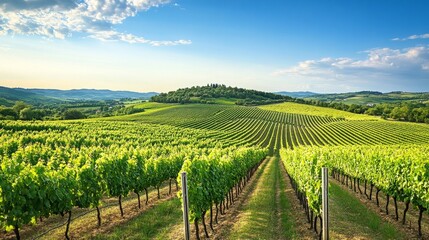 Fototapeta premium A picturesque vineyard in the countryside, with rows of grapevines stretching into the distance under a clear blue sky