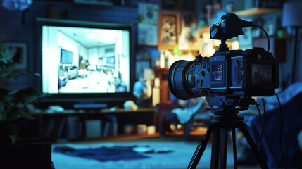 A professional camera on a tripod capturing a brightly lit interior scene displayed on a monitor in a cozy, cluttered room.