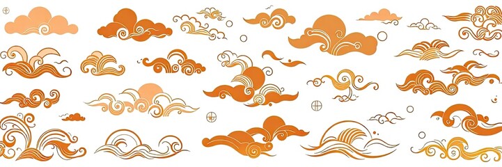 Fototapeta premium Chinese cloud design and decorative elements, all in red-gold against a isolated white background. traditional Chinese design elements that evoke a sense of cultural richness and auspicious symbolism.