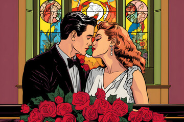 pop art style illustration of a couple marrying at the altar