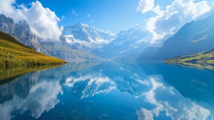 A serene alpine lake surrounded by snow-capped mountains, reflecting the blue sky and fluffy clouds in its crystal-clear waters