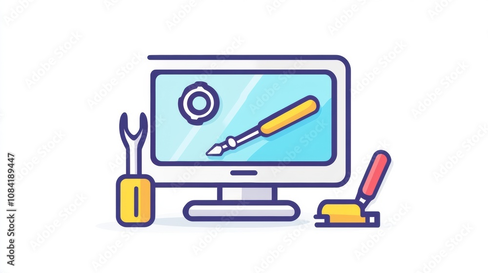 Poster a computer screen shows a screwdriver icon alongside tools, indicating a workspace dedicated to repa