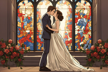 pop art style illustration of a couple marrying at the altar