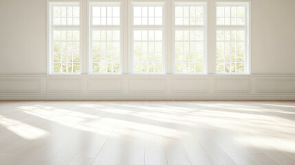 Fototapeta premium Bright and airy interior space featuring large windows that allow natural light to flood in, creating serene atmosphere. wooden floor complements elegant design