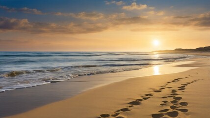 A scenic sunset over a sandy beach with footprints in the sand and waves lapping at the shore.