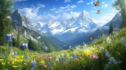 A serene alpine meadow with wildflowers in bloom, butterflies fluttering, and snow-capped mountains in the background