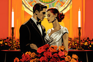 pop art style illustration of a couple marrying at the altar