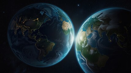 Two realistic Earth planets in space, one illuminated by the sun, the other showing the lights of cities.