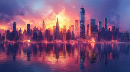 Obraz premium Stunning New York City Skyline at Night Featuring Illuminated Skyscrapers Perfect for Travel and Business Themes