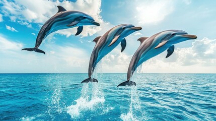 Fototapeta premium Three dolphins leap gracefully from the ocean, set against a bright blue sky with scattered clouds, showcasing aquatic life and freedom.