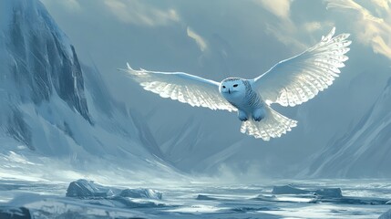 Fototapeta premium A majestic snowy owl soars across a frozen, mountainous landscape, wings outstretched against a cold, icy backdrop under a pale sky.
