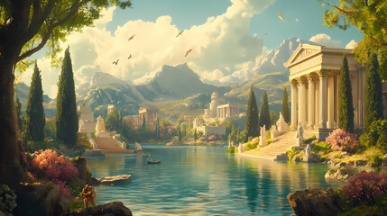 Serene depiction of the mythological greek elysium a paradise where the souls of heroes dwell with lush landscapes serene waters and an eternal sense of peace and contentment. Elysium. Illustration