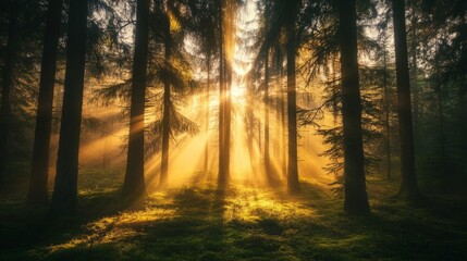Fototapeta premium A serene forest clearing at sunrise, with soft rays of light filtering through tall pine trees and a blanket of mist covering the ground