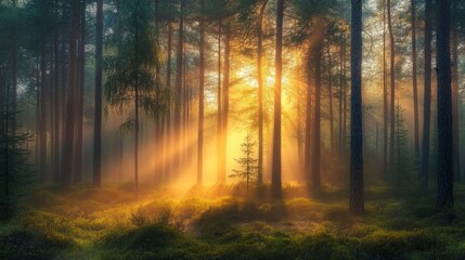 Fototapeta premium A serene forest clearing at sunrise, with soft rays of light filtering through tall pine trees and a blanket of mist covering the ground
