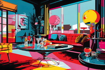 pop art style illustration of a birthday living room interior
