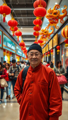 Fototapeta premium Elderly mature man in stylish clothes with festive mood among decorated modern shopping mall in honor of Chinese New Year. Preparing and buying gifts for the holiday.