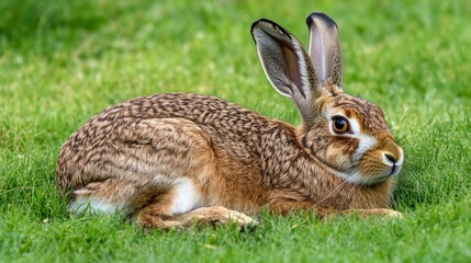 A close-up of a resting rabbit on green grass, showcasing its detailed fur and attentive expression.