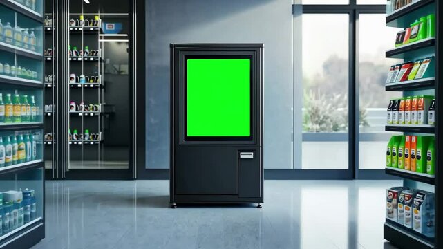 Modern vending machine showing green chroma key display in convenience store