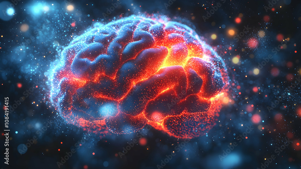 Poster 3d abstract brain illustration: glowing particle network representing neural connections and cogniti