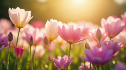 Fototapeta premium Blossoming flowers bathed in golden light