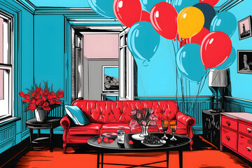 pop art style illustration of a birthday living room interior