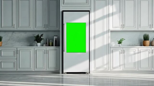 Sunlight illuminating kitchen with green screen refrigerator