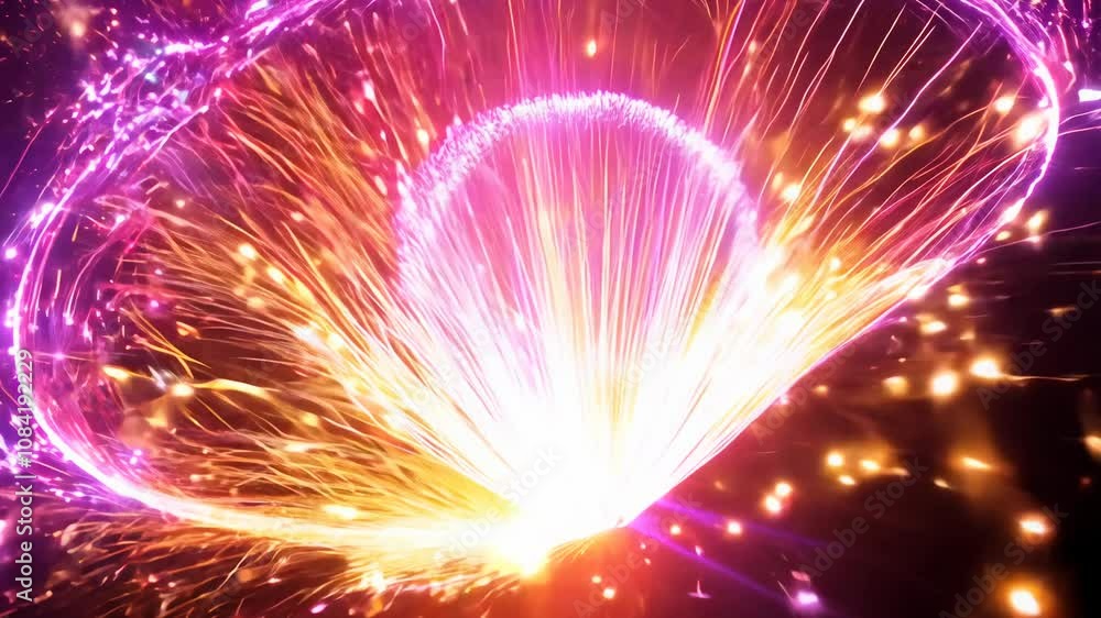 Poster camera rotates to reveal an energetic explosion of neon pinks and oranges. dynamic light rays and sp