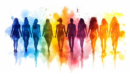 Obraz premium Silhouette of Women Walking Together in a Vibrant Watercolor Rainbow Background