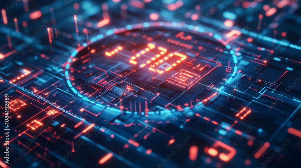 Poster glowing red and blue lines trace a circuit board