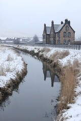 Obraz premium A serene winter landscape featuring a rustic stone house alongside a calm, reflective stream surrounded by snow-covered fields and misty hills.