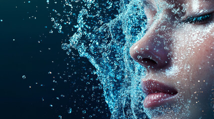 Fototapeta premium A close up of womans face partially submerged in water, with droplets and splashes creating dynamic and refreshing effect. image captures beauty and fluidity of water, evoking sense of tranquility and